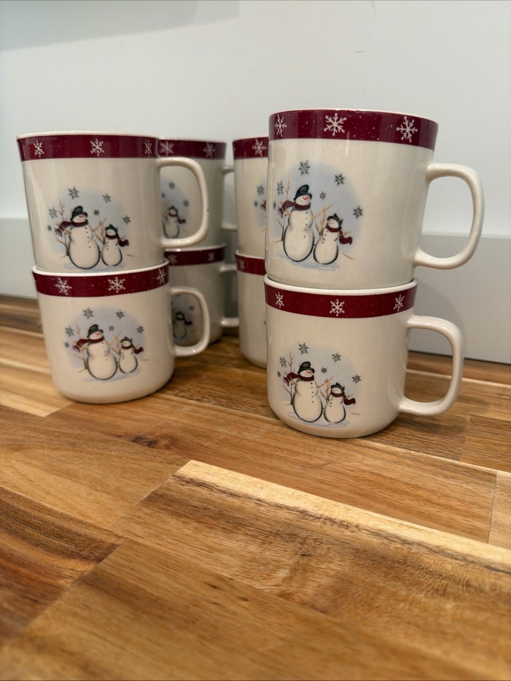 Royal Seasons - Holiday Snowman Ceramic Mugs - Red Trim (Set of 8)